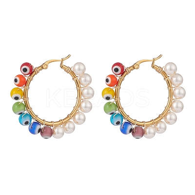 Shell Pearl & Evil Eye Lampwork Beaded Hoop Earrings EJEW-TA00115-1