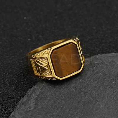 304 Stainless Steel with Natural Tiger Eye Finger Rings FS-WG06E27-03-1