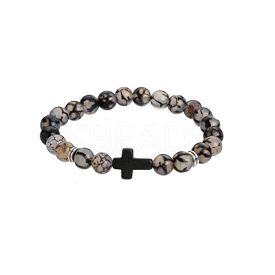 Natural Dragon Veins Agate Round & Black Stone Cross Beaded Stretch Bracelets AL9928-8-1