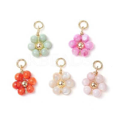 Dyed Natural Shell & Brass Round Beaded Flower Pendants PALLOY-JF03462-1