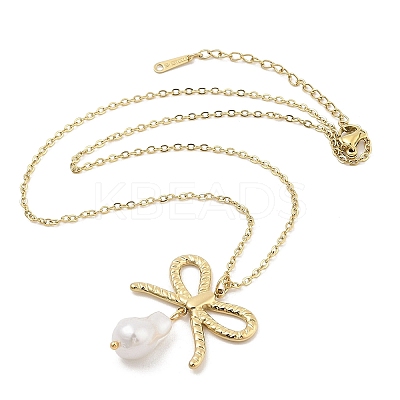 304 Stainless Steel & Plastic Pearl Bowknot Pendant Cable Chain Necklaces NJEW-H044-09G-1