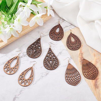4 Pairs 4 Styles Natural Wood Hollow Out Teardrop Dangle Earrings EJEW-AN0003-55-1