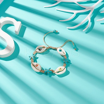 Natural Shell Evil Eye & Synthetic Turquoise(Dyed) Starfish Braided Bead Bracelet BJEW-TA00195-1