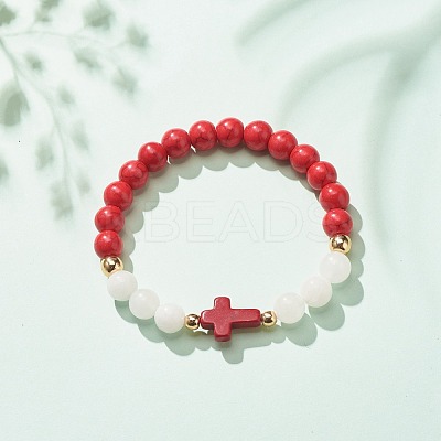 Natural White Jade & Gemstone & Synthetic Turquoise(Dyed) Stretch Bracelet with Cross BJEW-JB08295-1