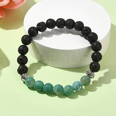 Natural Dyed Crackle Agate & Lava Rock Round Beaded Stretch Bracelet BJEW-TA00444-04-1