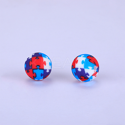Printed Round with Puzzle Pattern Silicone Focal Beads SI-JX0056A-191-1