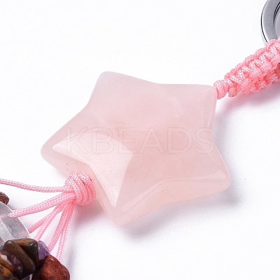 Rose Quartz Star with Mixed Gemstone Chips Beaded Tassel Keychains KEYC-P012-01P-08-1