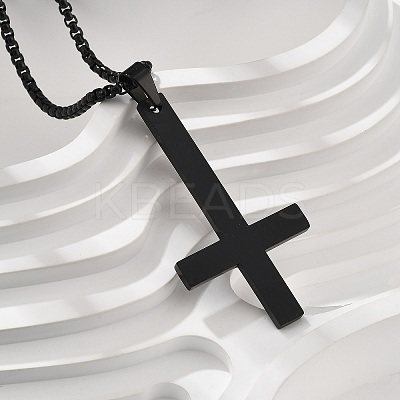 304 Stainless Steel Christian Upside Down Cross Pendant Box Chain Necklaces NJEW-NH0001-07EB-1