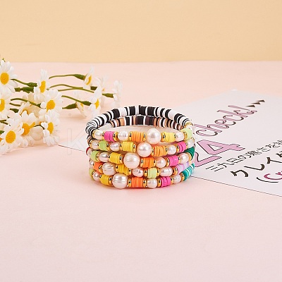 5Pcs 5 Colors Polymer Clay Heishi Beaded Stretch Bracelets Sets BJEW-SZ0001-55-1