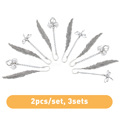 6Pcs Tibetan Style Alloy Pendant Bookmarks AJEW-FH0002-98B-1