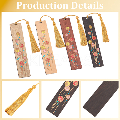 4Pcs 4 Colors Wooden Rectangle with Flower Bookmarks AJEW-GF0011-64-1
