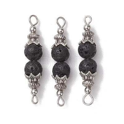 Natural Lava Rock Round Beaded Connector Charms PALLOY-JF02715-1