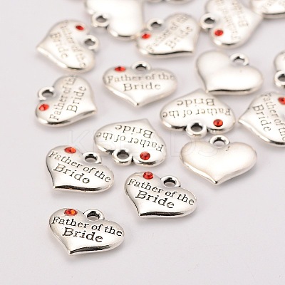 Wedding Theme Antique Silver Tone Tibetan Style Alloy Heart with Father of the Bride Rhinestone Charms X-TIBEP-N005-19B-1