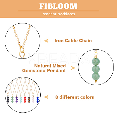 8Pcs 8 Style Natural Mixed Gemstone Round Beaded Pendant Necklaces Set with Iron Cable Chains NJEW-AB00025-1
