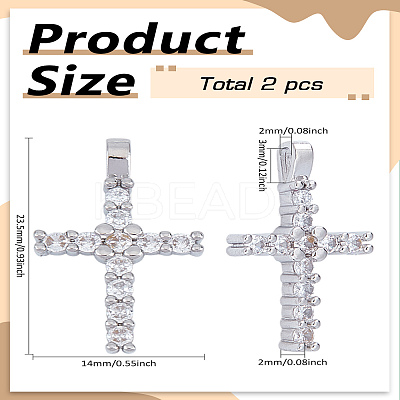 2Pcs Latin Cross Brass Micro Pave Cubic Zirconia Pendants ZIRC-LP0001-14-1
