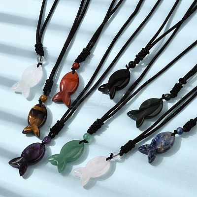 Natural Mixed Stone Fish Pendant Black Nylon Cord Necklaces NJEW-G185-01-1
