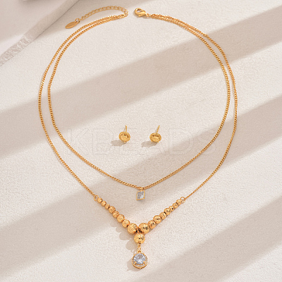 Fashionable Vintage Brass Flat Round Double-layer Pendant Necklace & Stud Earring Set for Women WZ9346-2-1