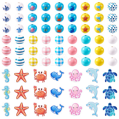 Ocean Themed Spray Painted Wood European Beads WOOD-TA0002-63-1