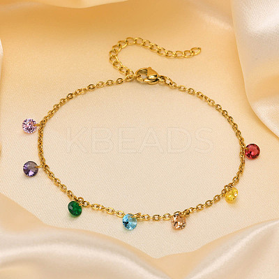 304 Stainless Steel with Flat Round Rhinestone Tassel Anklets FS-WG612B1-02-1