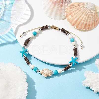 Starfish & Tortoise Synthetic Turquoise Braided Bead Anklets AJEW-AN00564-01-1