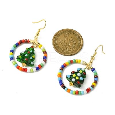 Glass Seed Beaded Ring with Lampwork Christmas Tree Dangle Earrings EJEW-TA00231-1