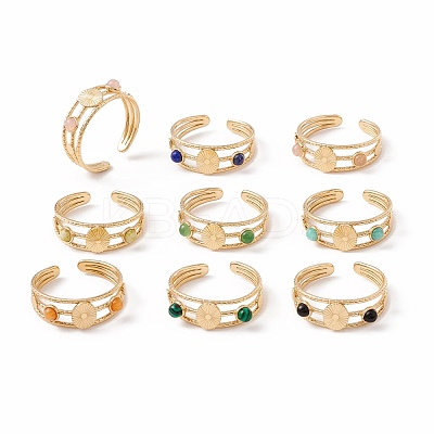 Natural Gemstone and Flat Round Open Cuff Ring RJEW-B039-02G-1
