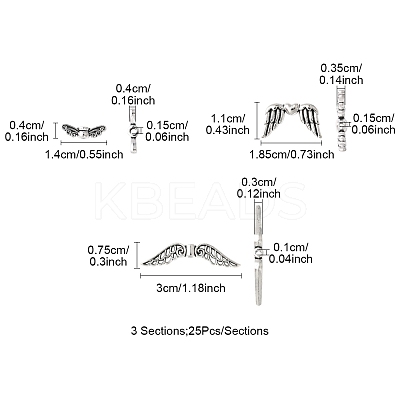 75Pcs 3 Styles Tibetan Style Alloy Fairy Wing Beads TIBEB-FS0001-15-1