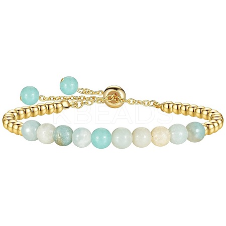 Natural Flower Amazonite 304 Stainless Steel Round Beaded Adjustable Slider Bracelets for Men Women AW1156-3-1