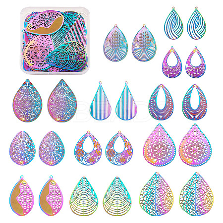 48 Pcs 12 Styles 201 Stainless Steel Filigree Pendants STAS-FW0001-12-1