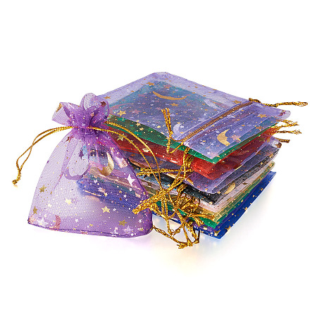 100Pcs 10 Colors Star & Moon Printed Organza Gift Bags OP-YS0001-02B-1