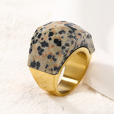 Fashionable 304 Stainless Steel & Natural Dalmatian Jasper Finger Rings FS-WG90577-36-1