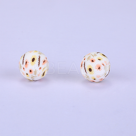 Printed Round with Sunflower Pattern Silicone Focal Beads SI-JX0056A-210-1
