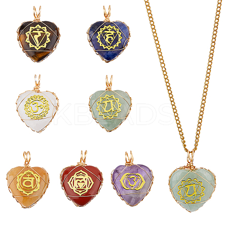 7Pcs 7 Styles Chakra Natural Tiger Eye & Sodalite & Red Jasper & Quartz Crystal & Green Aventurine & Amethyst & Red Aventurine Copper Wire Wrapped Heart Pendants with Golden Tone Metal Slices PALLOY-FH00093-1