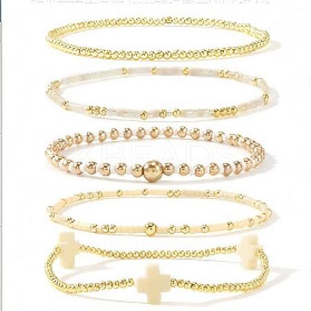 5Pcs 5 Styles Handmade Brass & Glass Beads Stretch Bracelet Set OI0028-9-1