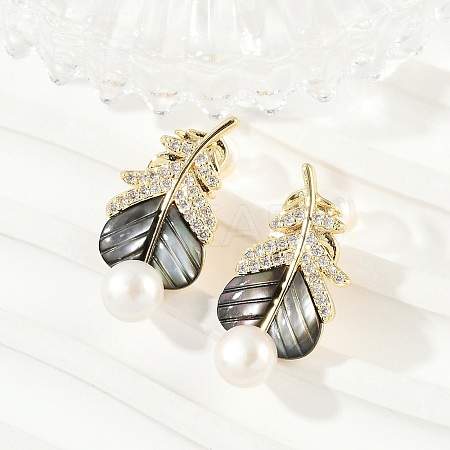 Feather Brass Clear Cubic Zirconia Stud Earrings KK-D301-12G-1