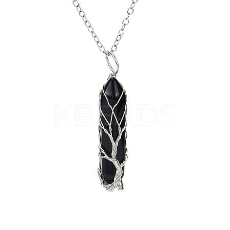 Natural Black Onyx(Dyed & Heated) Double Terminal Pointed Faceted Bullet Copper Wire Wrapped Tree of Life Pendant Alloy Chain Necklaces FS-WG07FDC-07-1
