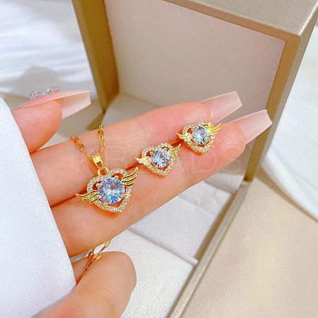 Brass Micro Pave Cubic Zirconia Pendant Necklace & Stud Earrings WG7AC39-38-1