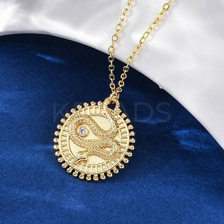Brass Micro Pave Clear Cubic Zirconia Flat Round with Snake Pendant Necklaces LS-NJEW-S438-02A-G-1