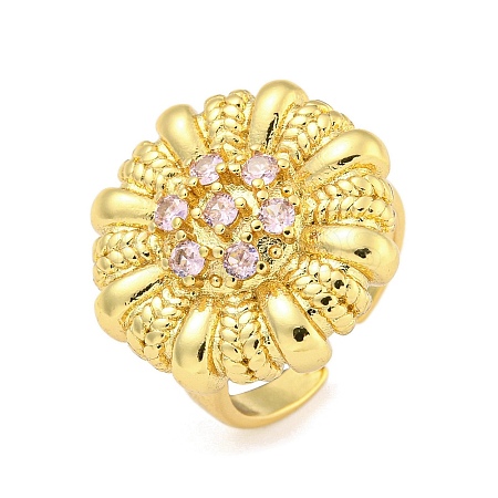 Rack Plated Brass Micro Pave Cubic Zirconia Flower Open Cuff Rings for Women RJEW-Z042-02G-02-1