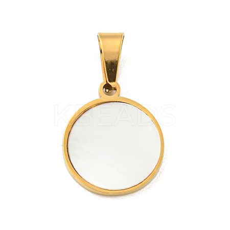 304 Stainless Steel Pave Natural White Shell Flat Round Charms STAS-S130-02G-1