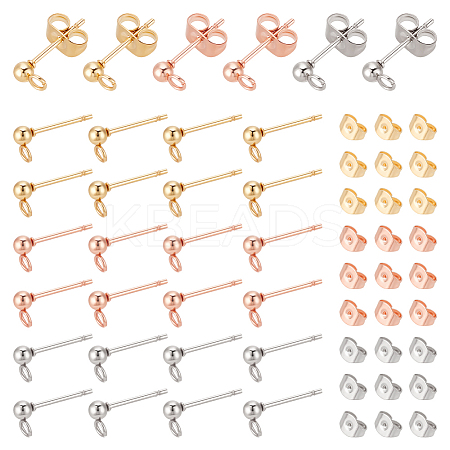 60Pcs 3 Color 304 Stainless Steel Ball Stud Earring Post with Loop FIND-UN0001-14-1