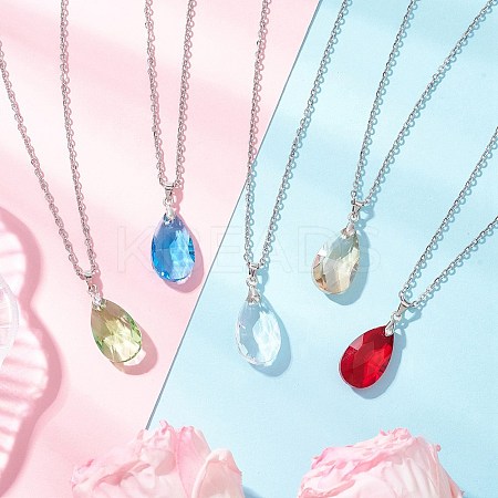 Glass Faceted Teardrop Pendant 304 Stainless Steel Cable Pendant Necklaces for Women NJEW-JN05297-1
