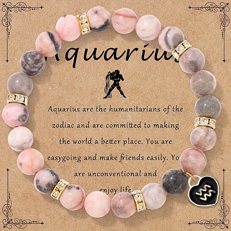 12 Constellations Natural Zebra Jasper Round Beaded with Enamel Heart Charm Bracelets WGB6967-01-1