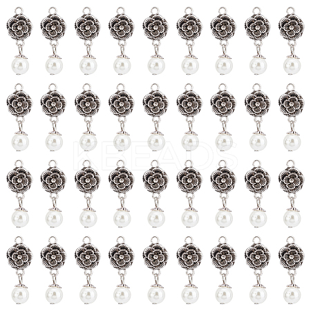 ABS Plastic Imitation Pearl Round Pendants and Tibetan Style Findings FIND-PH0008-82-1