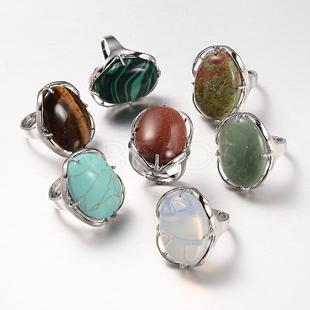 Adjustable Oval Brass Gemstone Wide Band Rings RJEW-L062-03-1