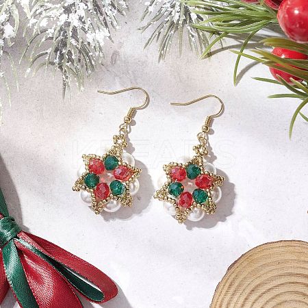 Flower Glass & Shell Pearl & Glass Seed Dangle Earrings EJEW-TA00719-1