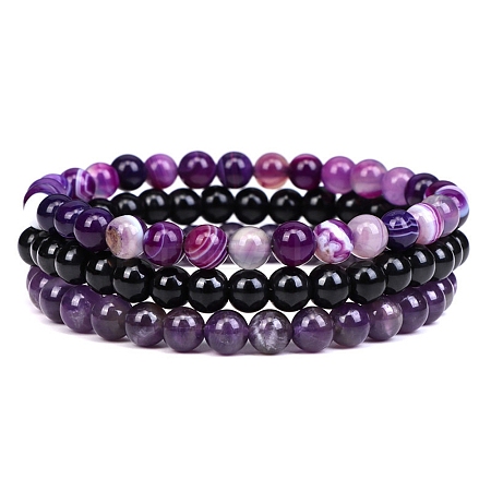 3Pcs 3 Style Natural Amethyst & Black Agate Round Beaded Stretch Bracelets Set PW23030763036-1