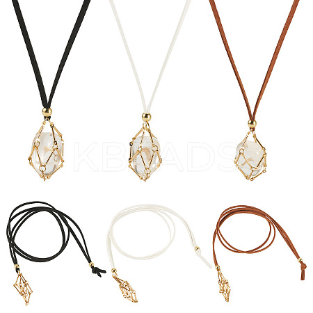 3Pcs Faux Suede Macrame Pouch  Pendant Necklaces NJEW-TAC0052-02-1