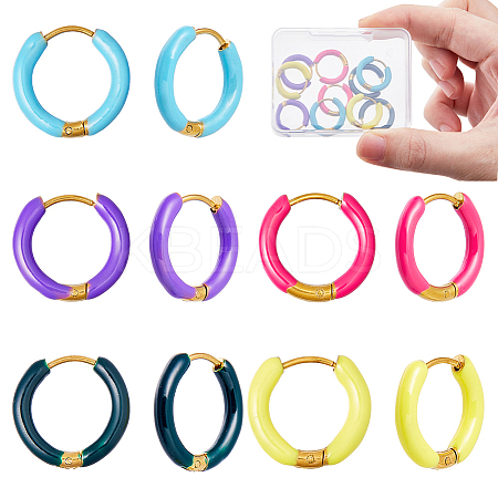 5 Pairs 5 Color 316 Stainless Steel Enamel Ring Hoop Earrings EJEW-DC0001-39B-1