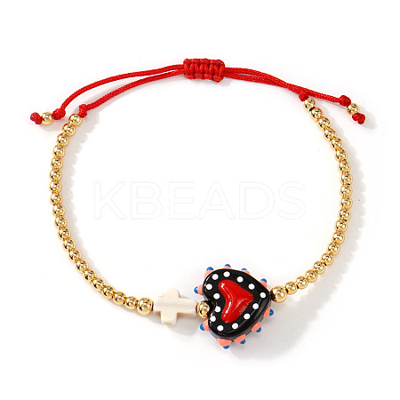 Heart Handmade Lampwork & Cross Synthetic Turquoise Bead Braided Bracelets IA3546-1-1